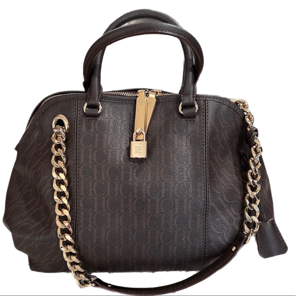 CH Carolina Herrera Brown Monogram Leather Dome Satchel